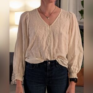 Cream V-Neck Embroidered Women's Top